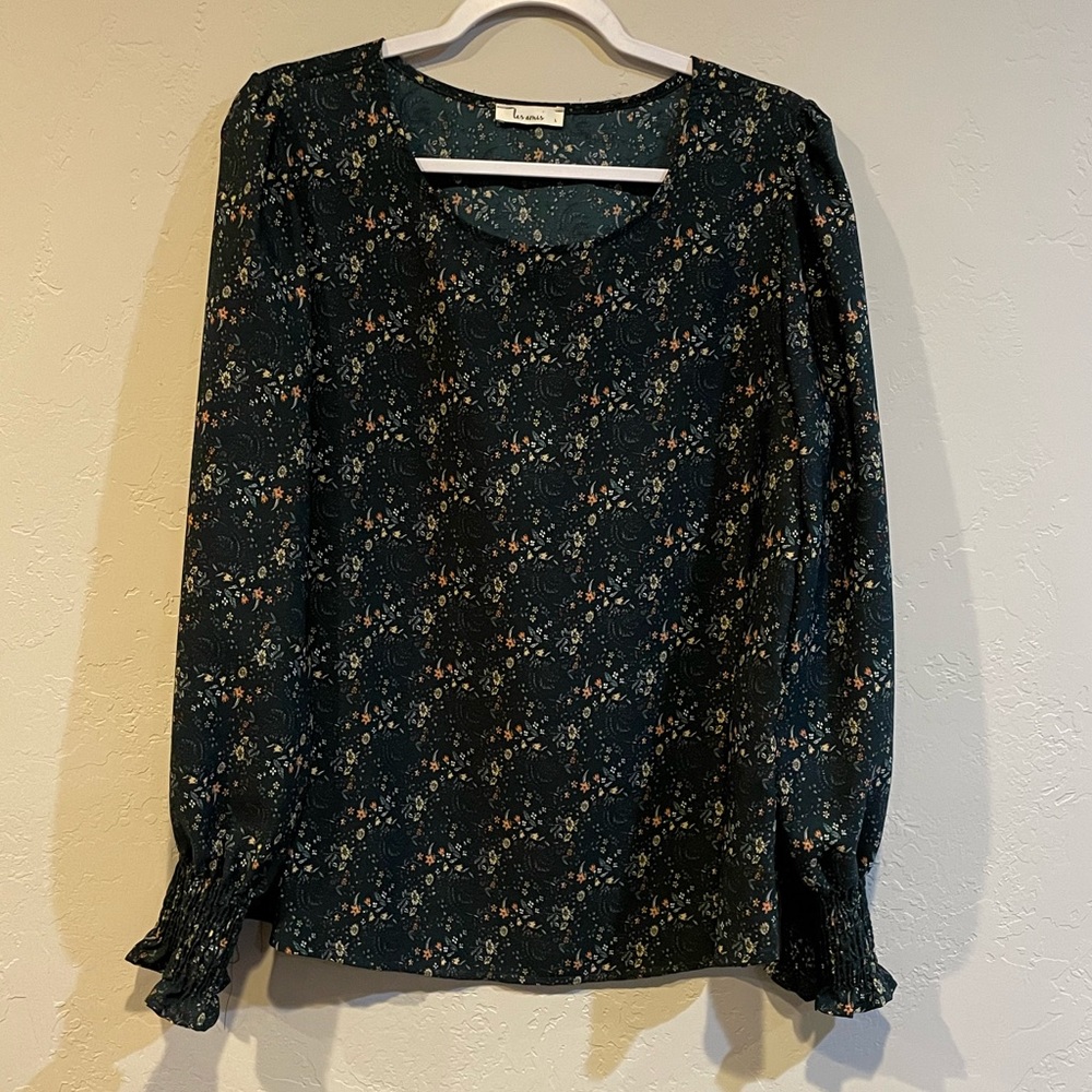 Flowery Navy Green Blouse
